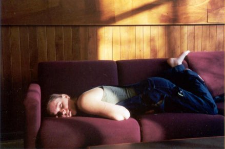 Jenny lying on a couch in Mephisto's (a Willets lounge)