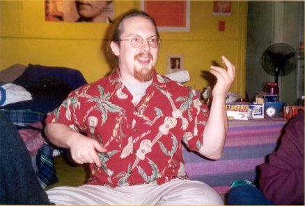 Wayne playing air guitar in the Lodge 2 basement